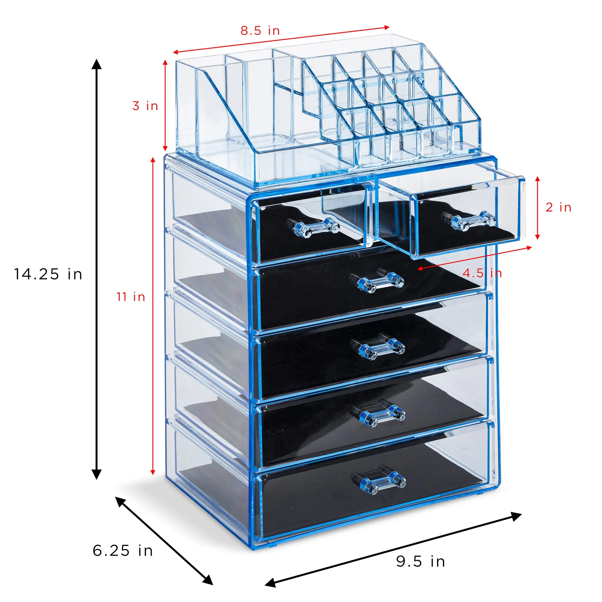 Sorbus Clear Cosmetic Makeup Organizer - Make Up & Jewelry Storage, Case & Display - Spacious Design - Great for Dresser, Bathroom, Vanity & Countertop (3 Large, 4 Small Drawers) [Blue Brilliance]