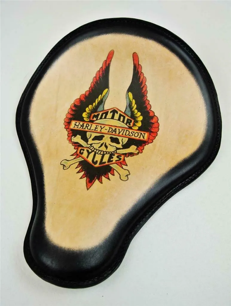Spring Solo Seat Chopper Sportster 12x13" Harley Wing Tattoo Black Leather Frame
