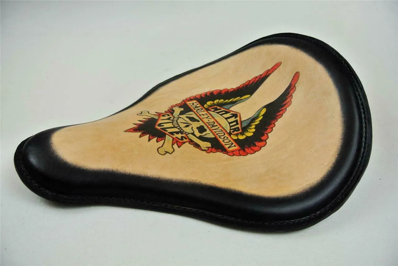 Spring Solo Seat Chopper Sportster 12x13" Harley Wing Tattoo Black Leather Frame
