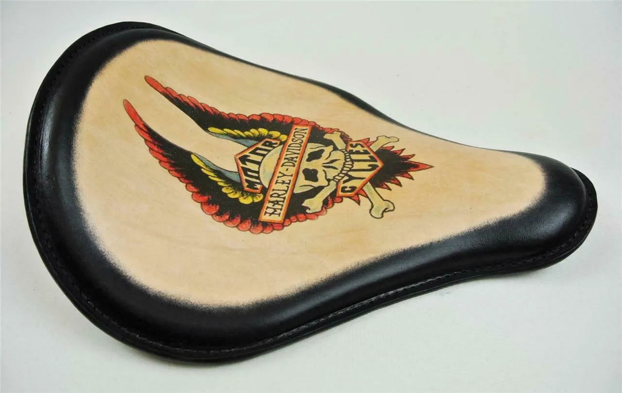 Spring Solo Seat Chopper Sportster 12x13" Harley Wing Tattoo Black Leather Frame