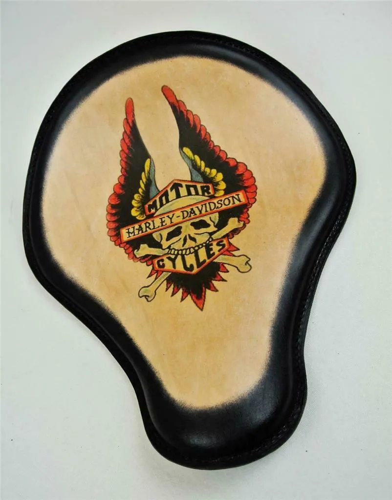 Spring Solo Seat Chopper Sportster 12x13" Harley Wing Tattoo Black Leather Frame
