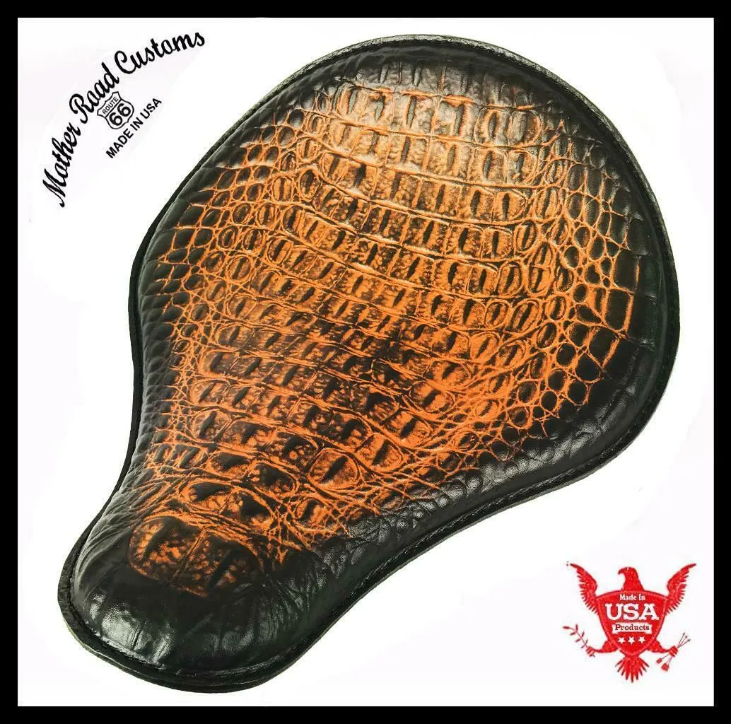 Spring Solo Seat Harley Sportster Bobber Chopper 12x13" Ant Brn Alligator Dyna