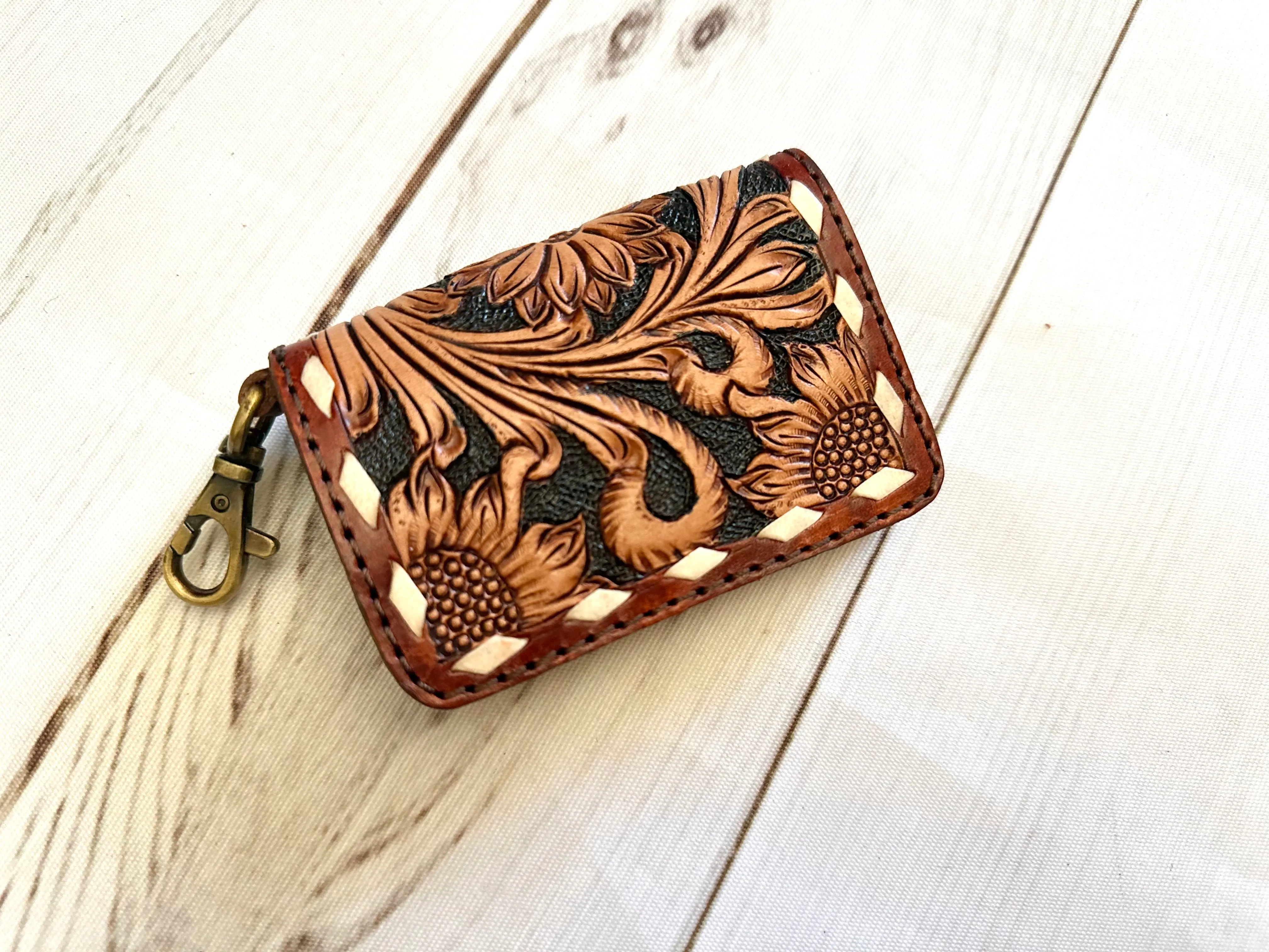 Sunflower Buckstitch Leather Card Holder Keychain