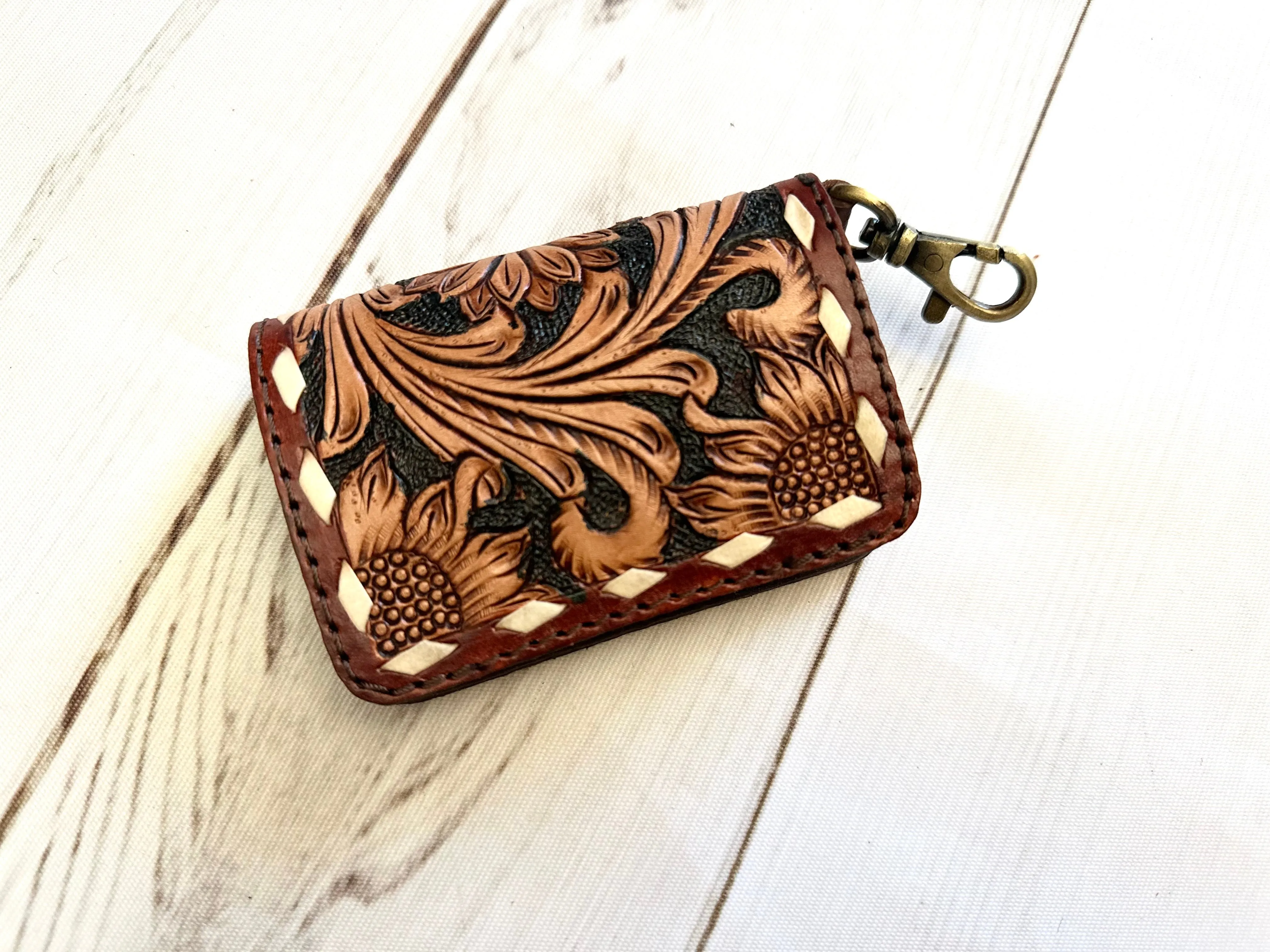 Sunflower Buckstitch Leather Card Holder Keychain