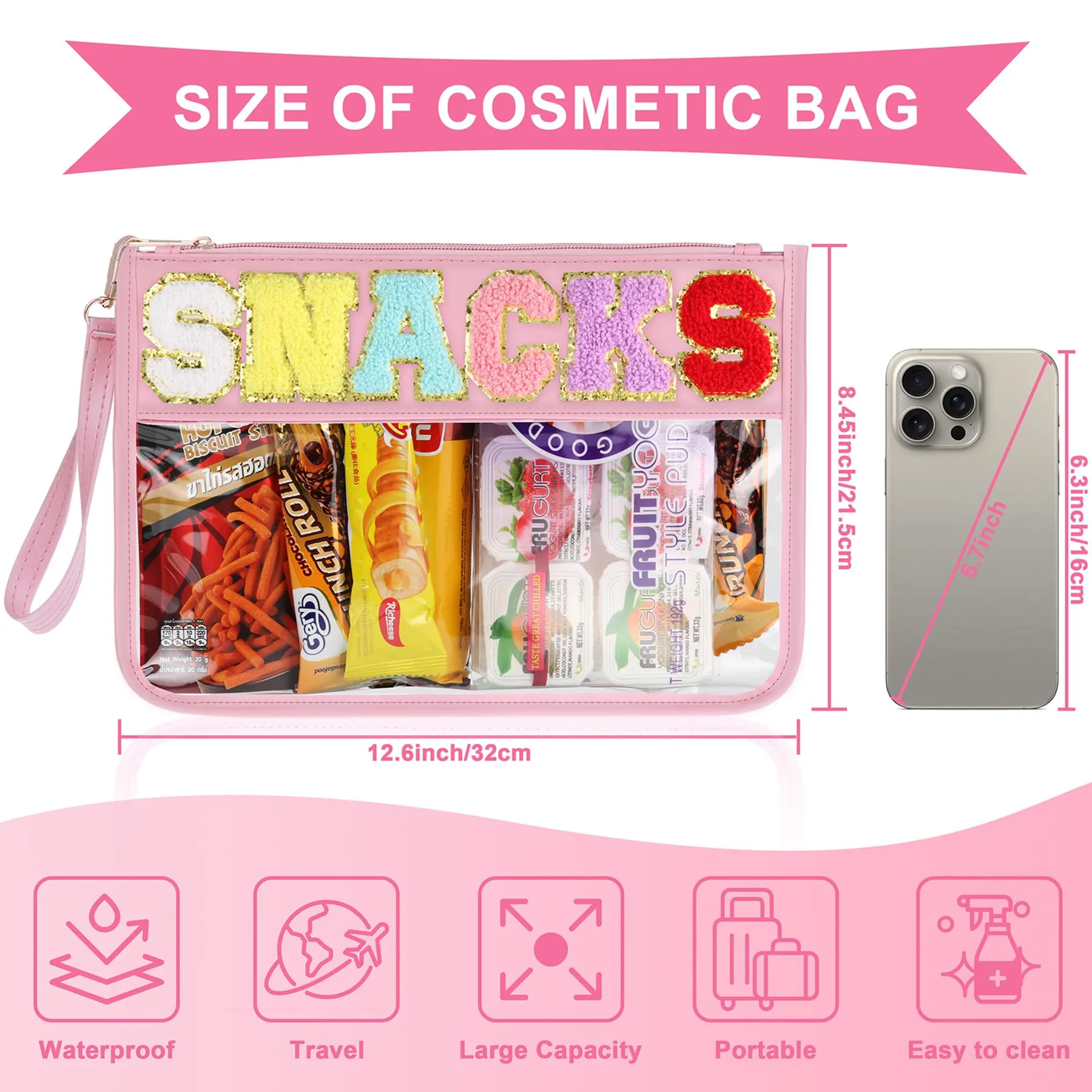 TESAFNG Snack Bag for Travel - Clear Chenille Varsity Letter Flat Pouch with Zipper, Waterproof Clear PVC&PU Preppy Patch Makeup Cosmetic tote Bags for Women (Pink-Snacks)