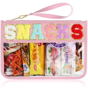 TESAFNG Snack Bag for Travel - Clear Chenille Varsity Letter Flat Pouch with Zipper, Waterproof Clear PVC&PU Preppy Patch Makeup Cosmetic tote Bags for Women (Pink-Snacks)