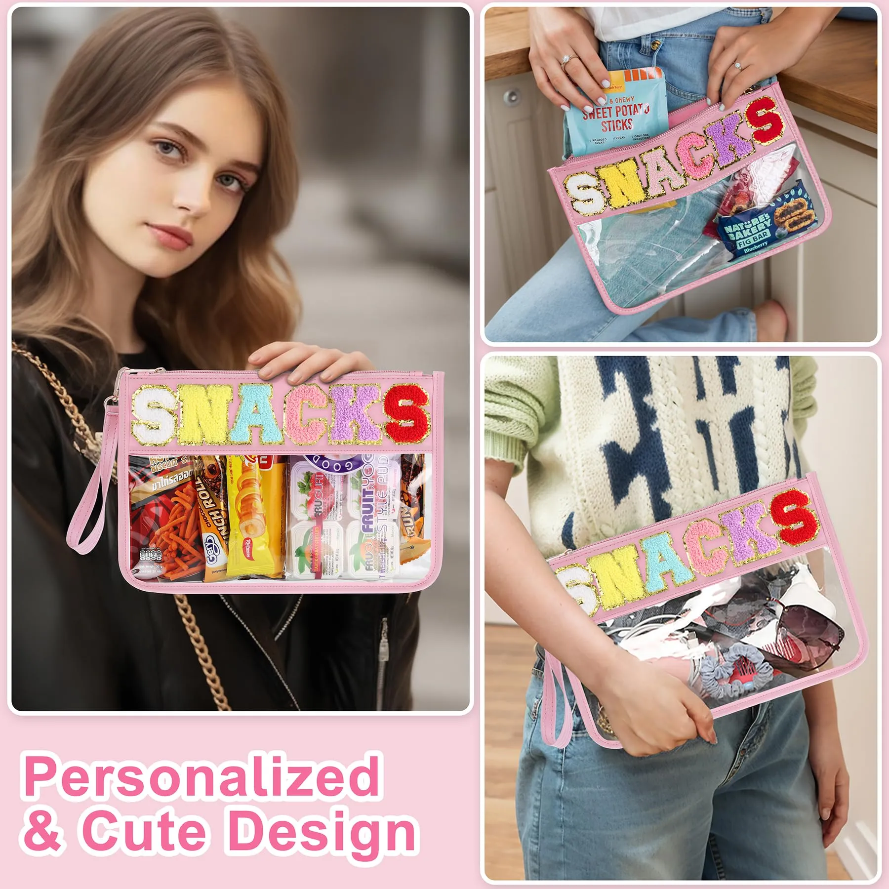 TESAFNG Snack Bag for Travel - Clear Chenille Varsity Letter Flat Pouch with Zipper, Waterproof Clear PVC&PU Preppy Patch Makeup Cosmetic tote Bags for Women (Pink-Snacks)