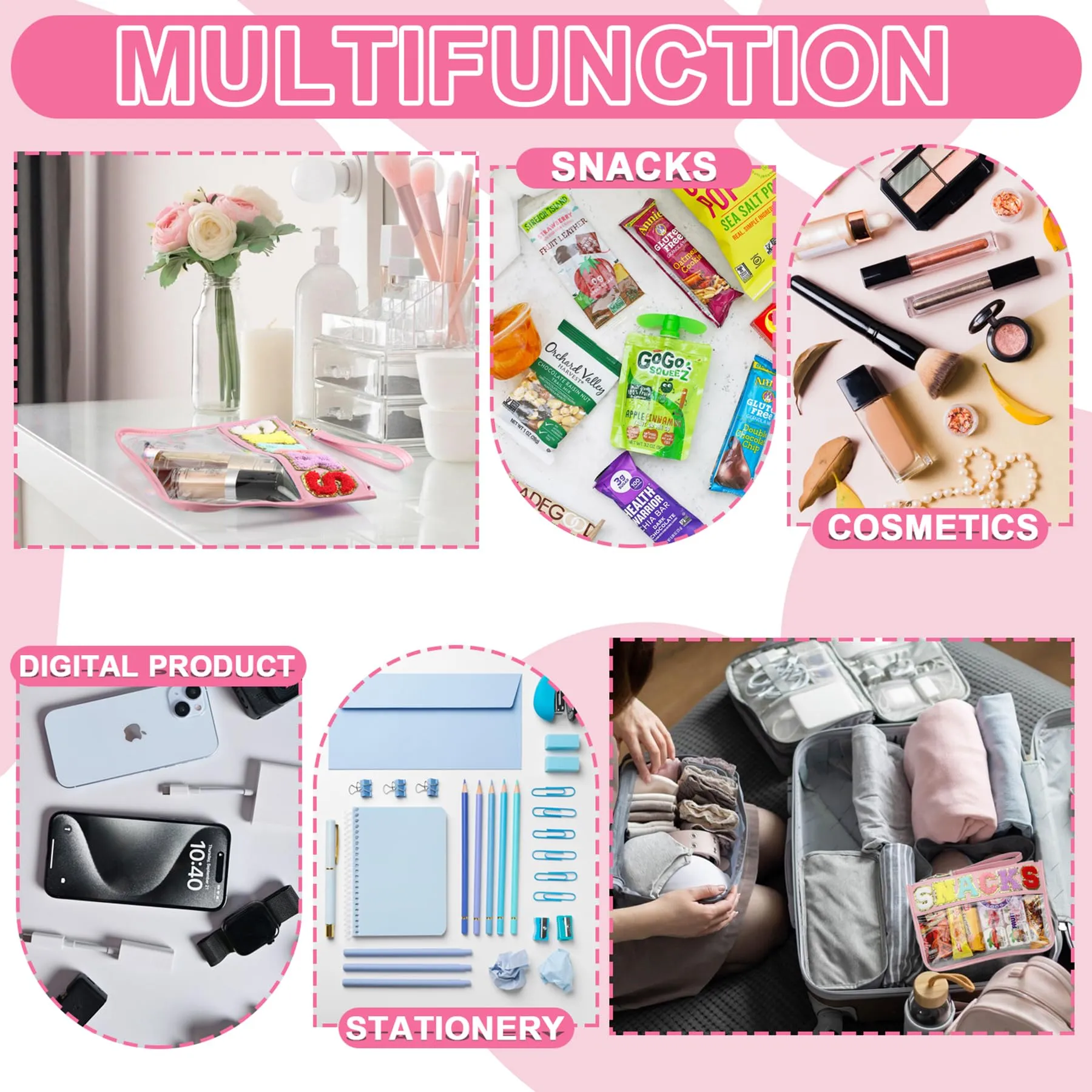 TESAFNG Snack Bag for Travel - Clear Chenille Varsity Letter Flat Pouch with Zipper, Waterproof Clear PVC&PU Preppy Patch Makeup Cosmetic tote Bags for Women (Pink-Snacks)