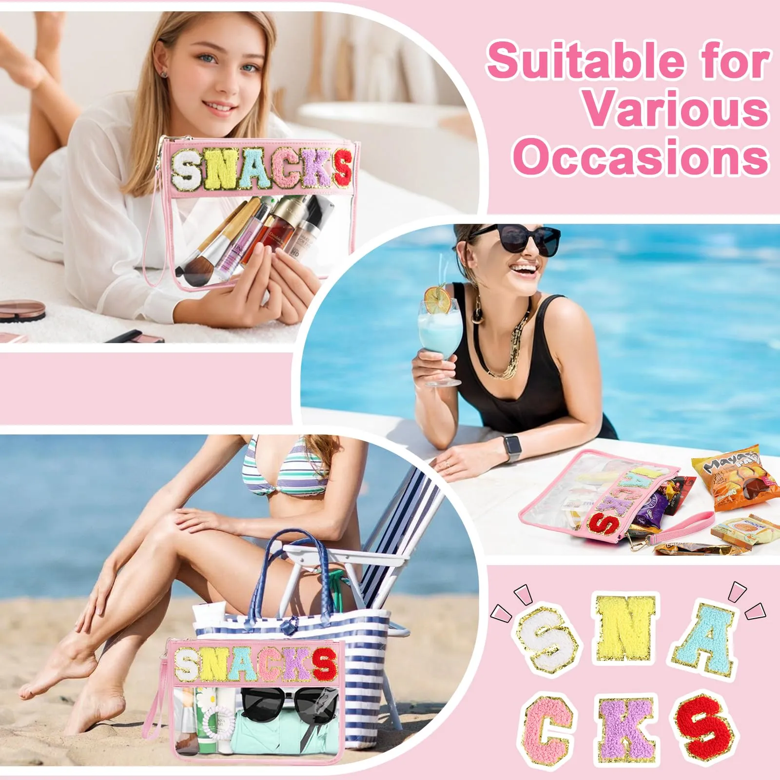 TESAFNG Snack Bag for Travel - Clear Chenille Varsity Letter Flat Pouch with Zipper, Waterproof Clear PVC&PU Preppy Patch Makeup Cosmetic tote Bags for Women (Pink-Snacks)