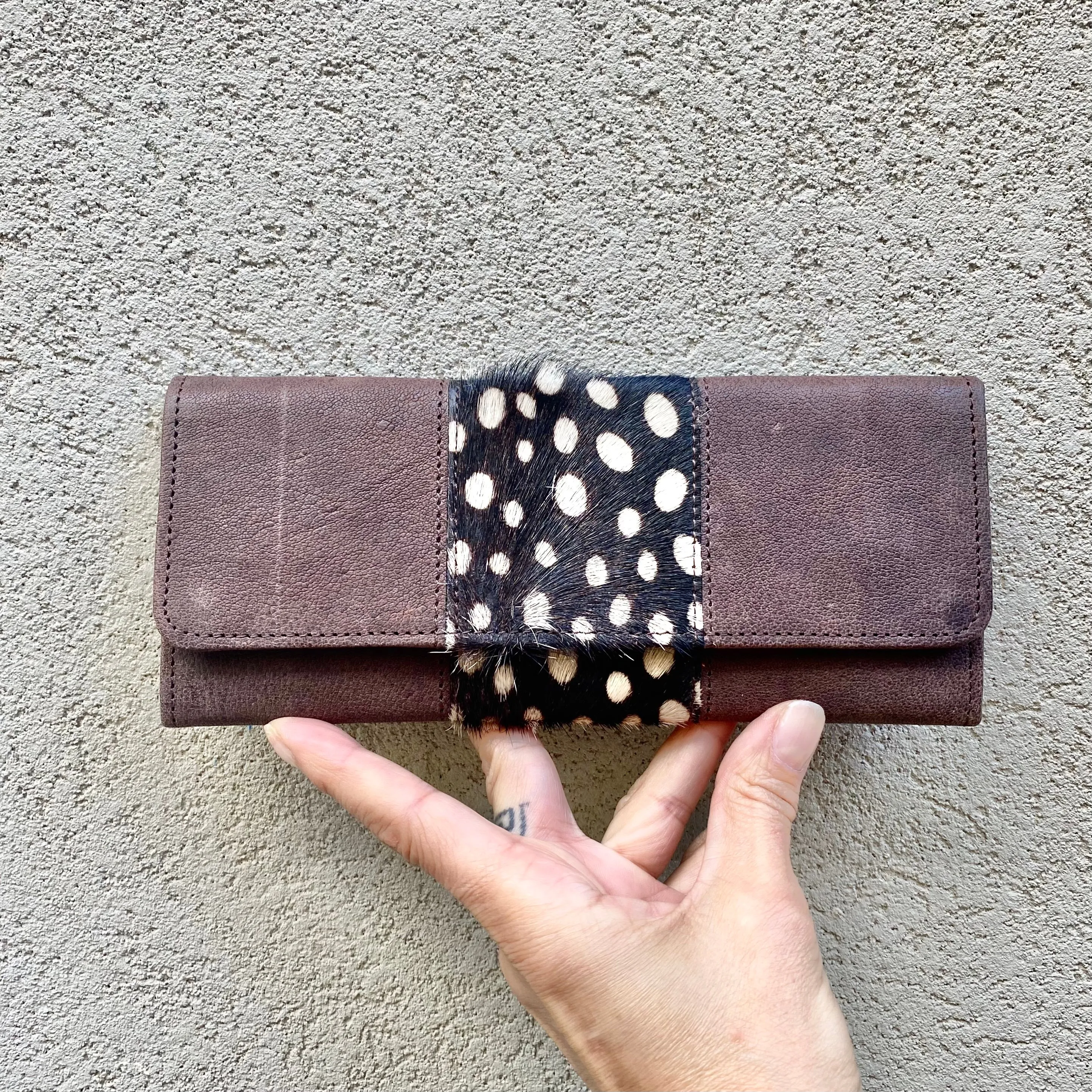 Tonya Cowhide and Leather Slimline Wallet - Chocolate, Black with Spots