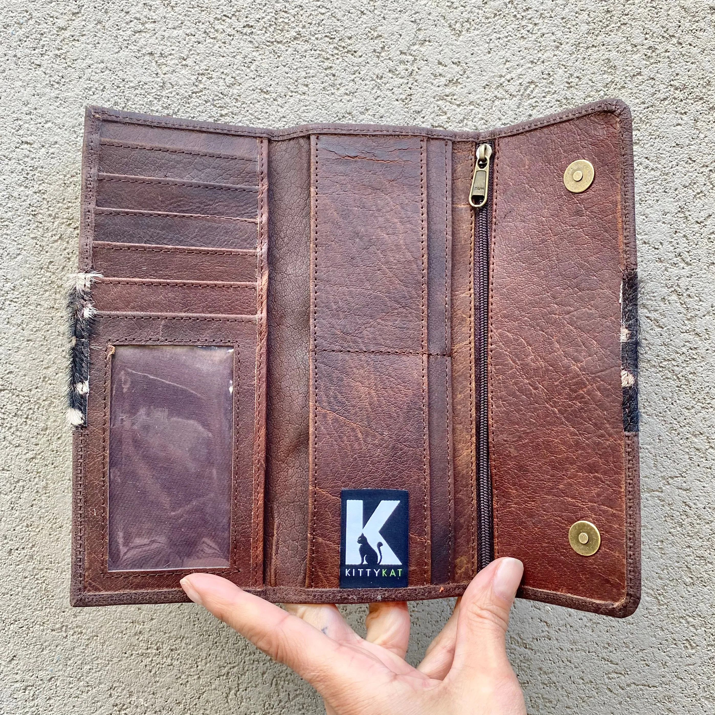 Tonya Cowhide and Leather Slimline Wallet - Chocolate, Black with Spots