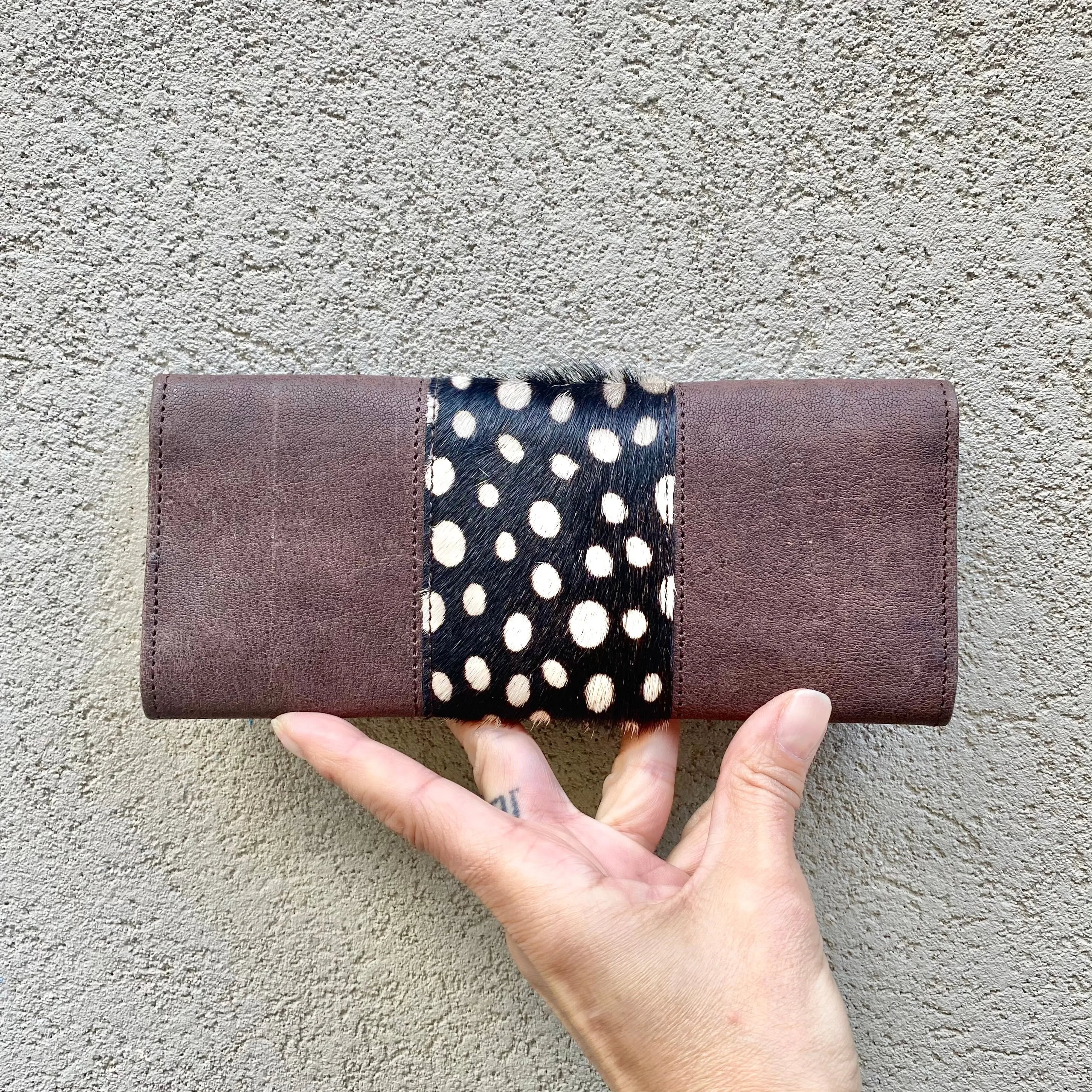 Tonya Cowhide and Leather Slimline Wallet - Chocolate, Black with Spots
