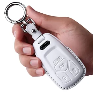 Tukellen for Audi Key Fob Cover Genuine Leather with Keychain,Leather Key Case Protector Compatible Audi A4 Q7 Q5 TT A3 A6 SQ5 R8 S5 Smart Key-White