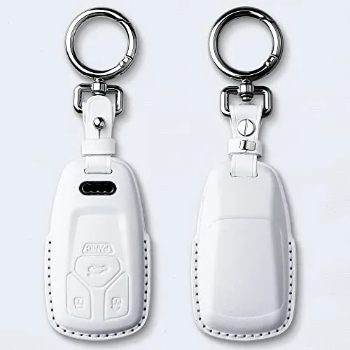 Tukellen for Audi Key Fob Cover Genuine Leather with Keychain,Leather Key Case Protector Compatible Audi A4 Q7 Q5 TT A3 A6 SQ5 R8 S5 Smart Key-White