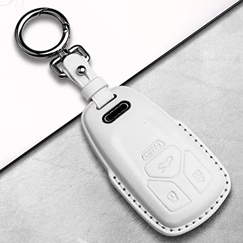 Tukellen for Audi Key Fob Cover Genuine Leather with Keychain,Leather Key Case Protector Compatible Audi A4 Q7 Q5 TT A3 A6 SQ5 R8 S5 Smart Key-White