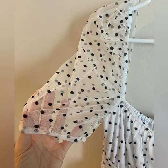 Vale Dress in White MAJORELLE small polka dot dress sheer sleeve ruffles