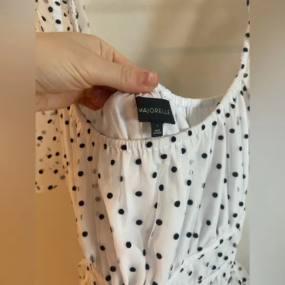 Vale Dress in White MAJORELLE small polka dot dress sheer sleeve ruffles