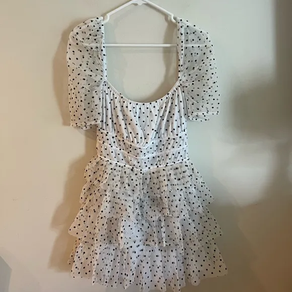 Vale Dress in White MAJORELLE small polka dot dress sheer sleeve ruffles