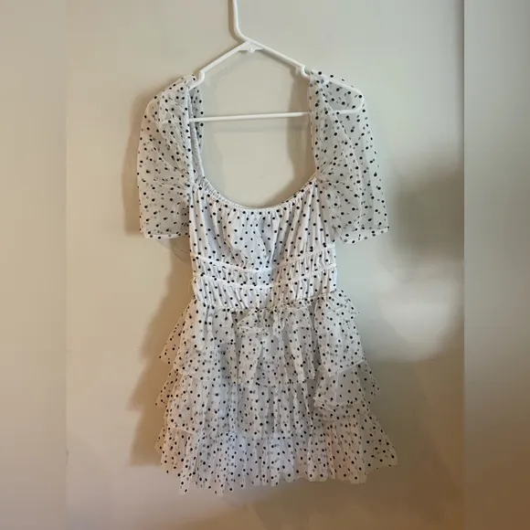 Vale Dress in White MAJORELLE small polka dot dress sheer sleeve ruffles