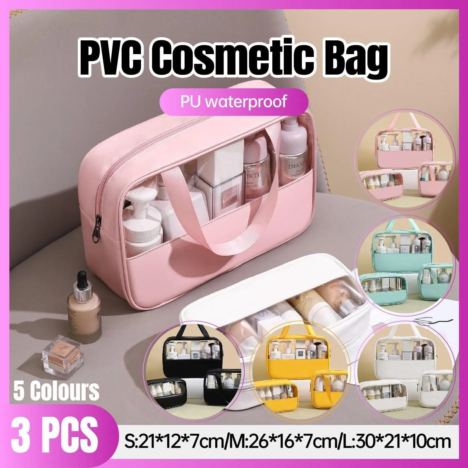 Versatile Clear Makeup Bag Set 5Colours 3PCS