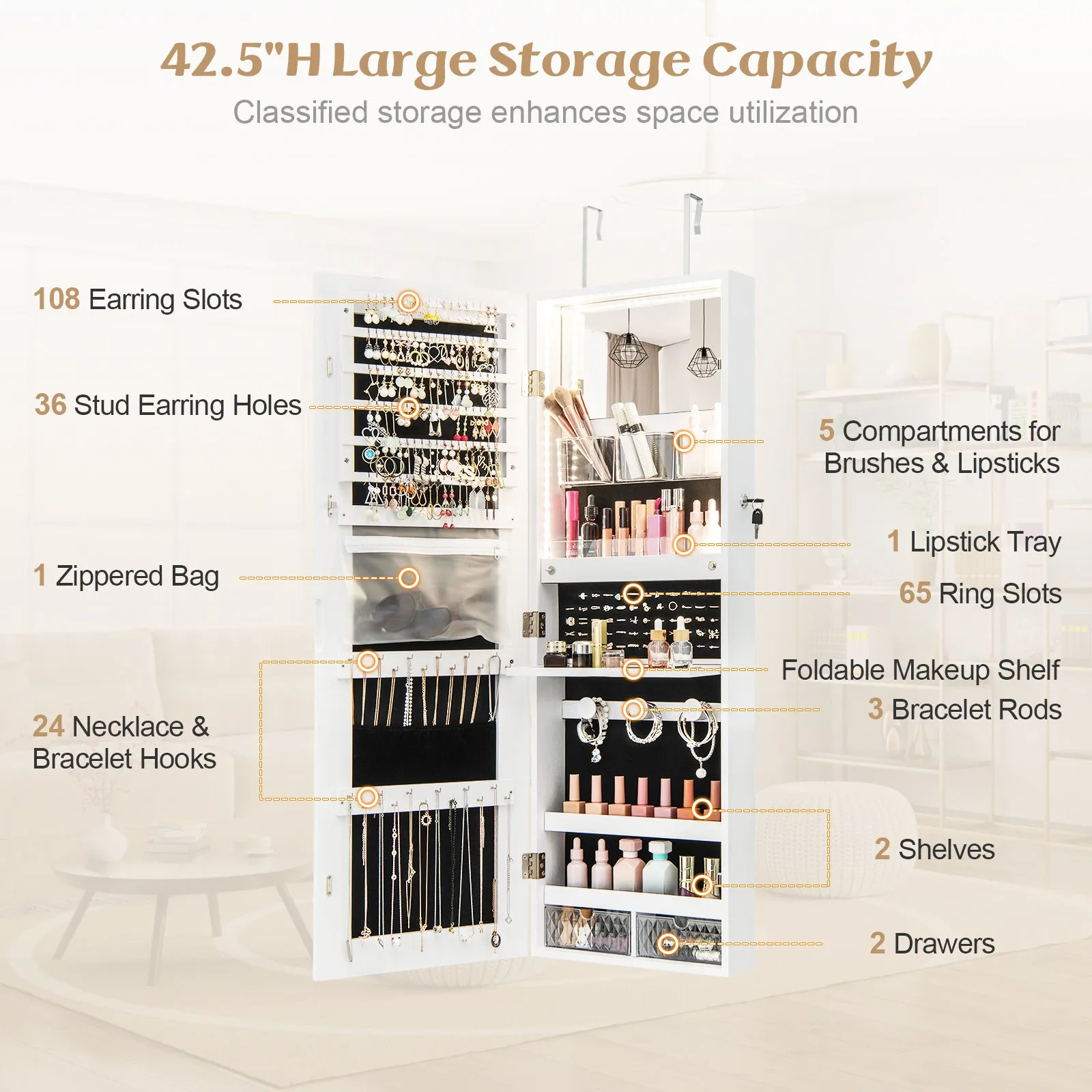 Wall Mounted Jewelry Cabinet with Full-Length Mirror-White