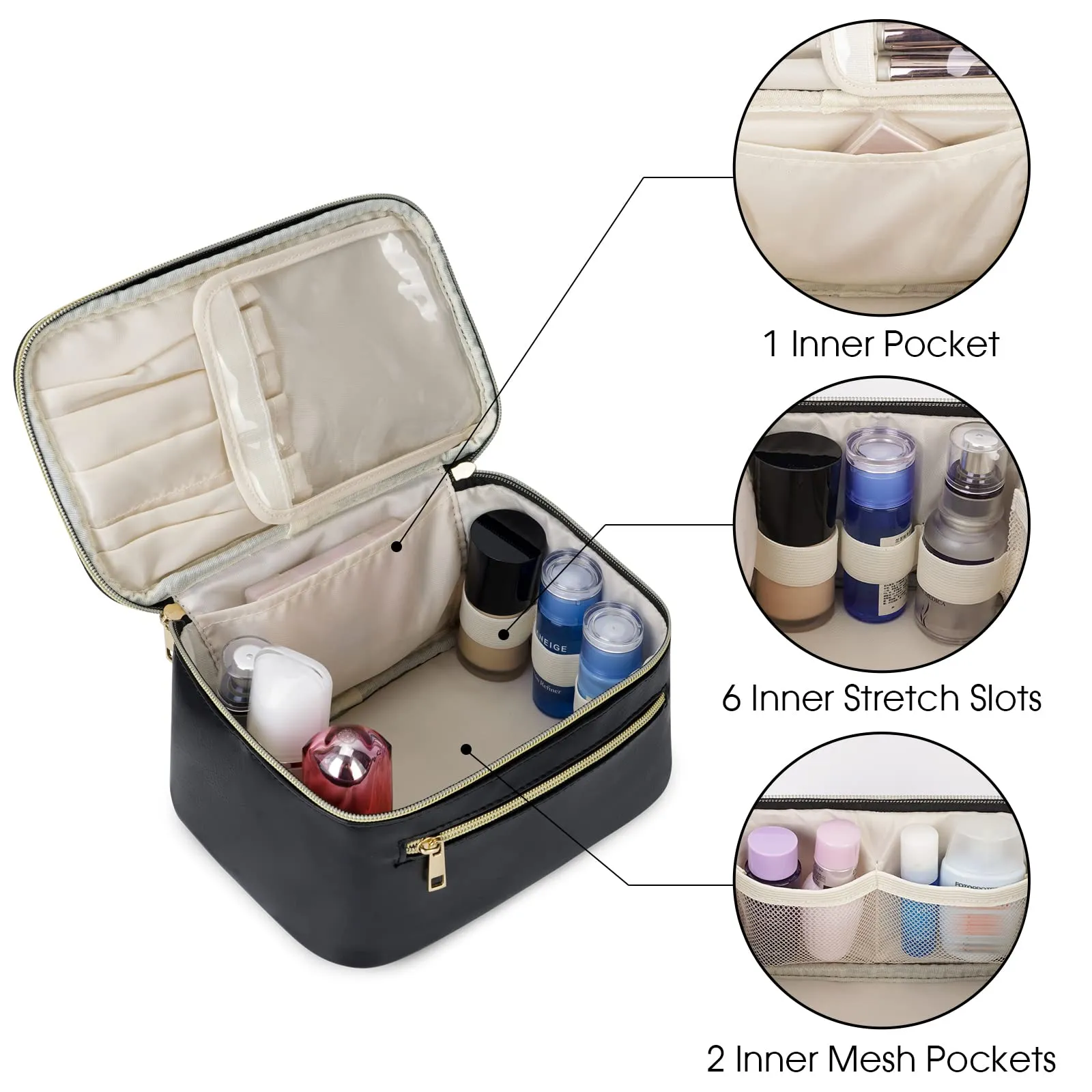 Wandering Nature Makeup Bag, Travel Make Up Organizer Cosmetic Brush Bags Case for Women in Vegan Leather, Black, Patent Pending