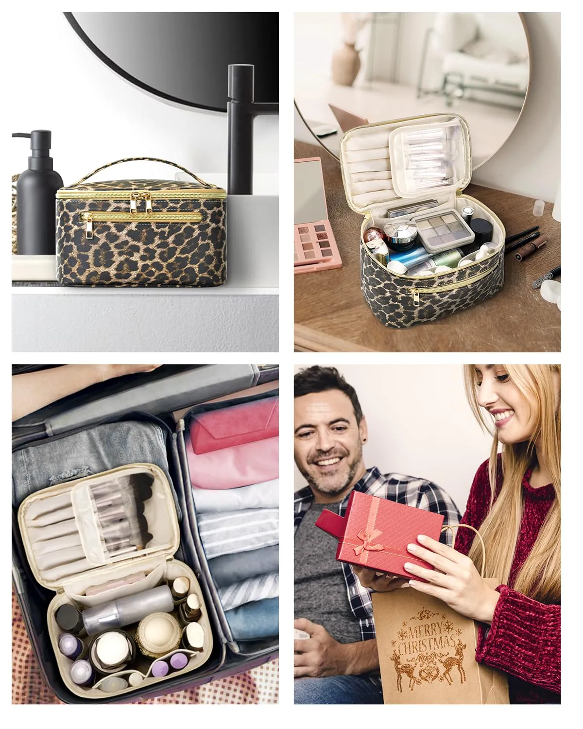 Wandering Nature Makeup Bag, Travel Make Up Organizer Cosmetic Brush Bags Case for Women in Vegan Leather, Leopard Print, Patent Pending