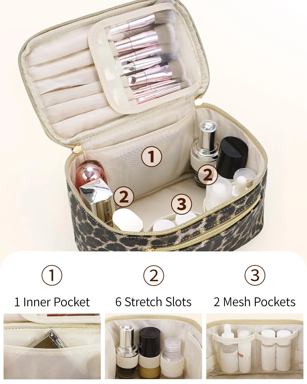 Wandering Nature Makeup Bag, Travel Make Up Organizer Cosmetic Brush Bags Case for Women in Vegan Leather, Leopard Print, Patent Pending