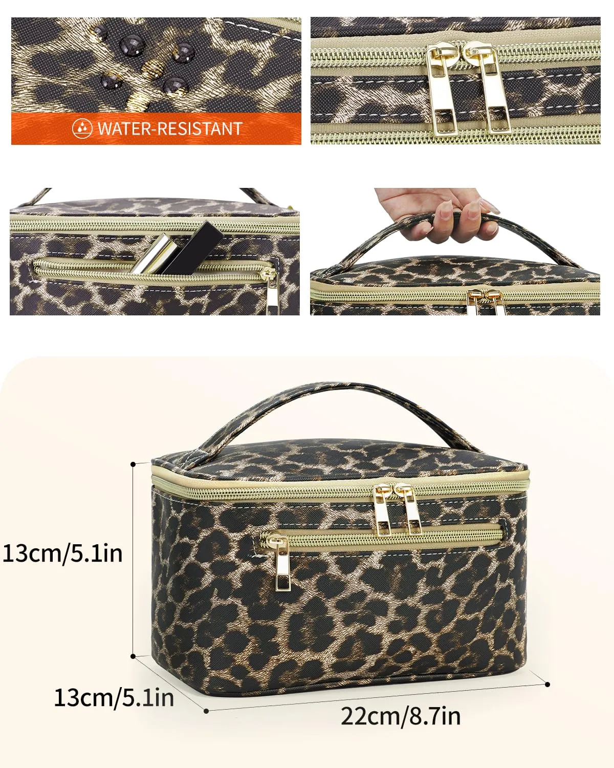Wandering Nature Makeup Bag, Travel Make Up Organizer Cosmetic Brush Bags Case for Women in Vegan Leather, Leopard Print, Patent Pending