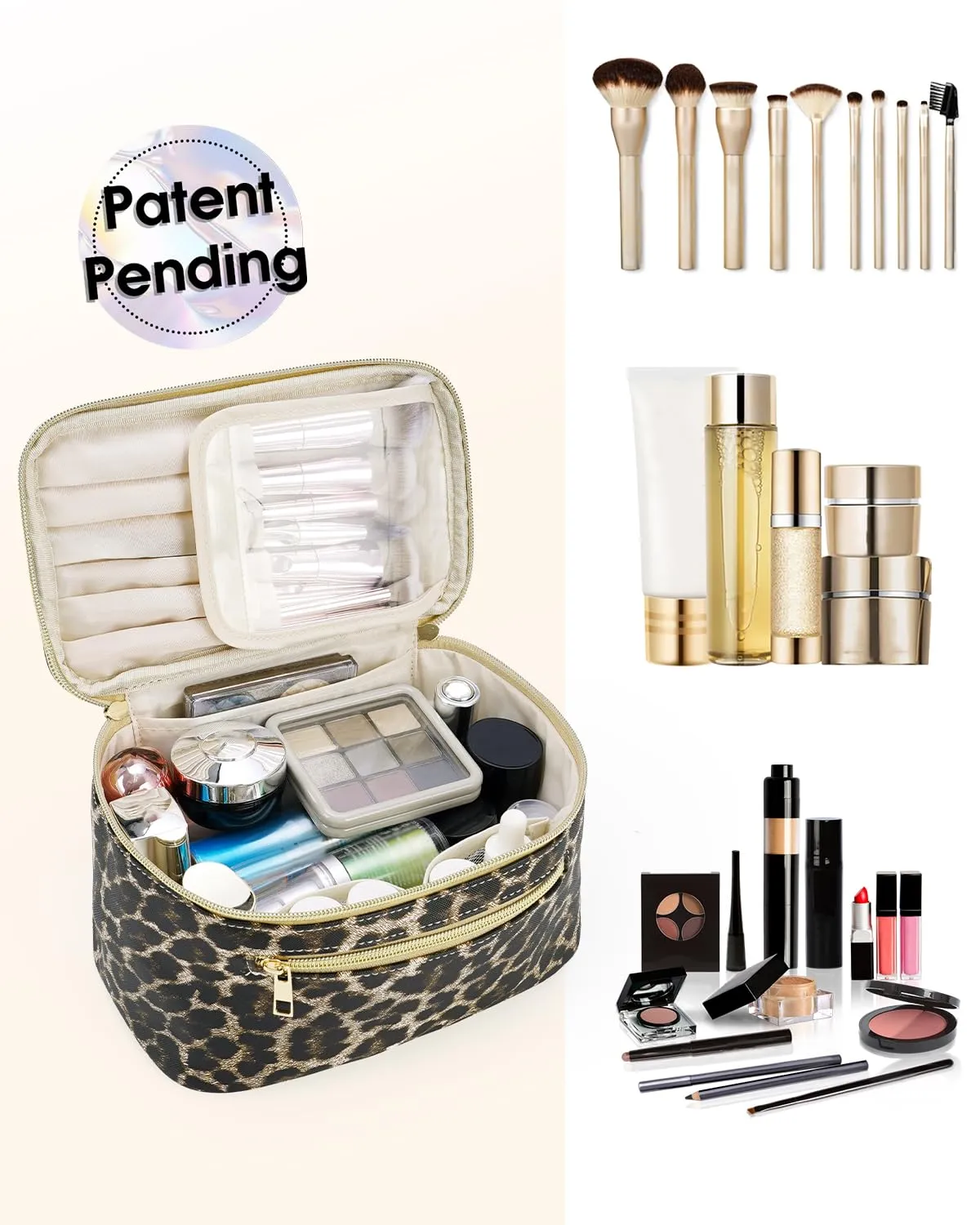 Wandering Nature Makeup Bag, Travel Make Up Organizer Cosmetic Brush Bags Case for Women in Vegan Leather, Leopard Print, Patent Pending