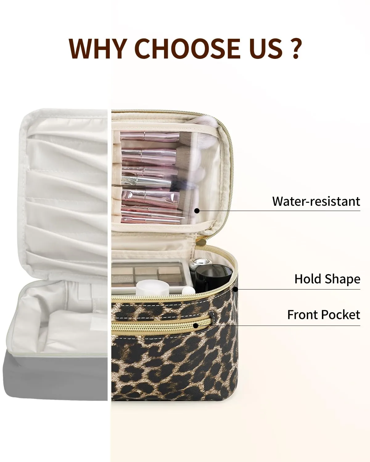 Wandering Nature Makeup Bag, Travel Make Up Organizer Cosmetic Brush Bags Case for Women in Vegan Leather, Leopard Print, Patent Pending