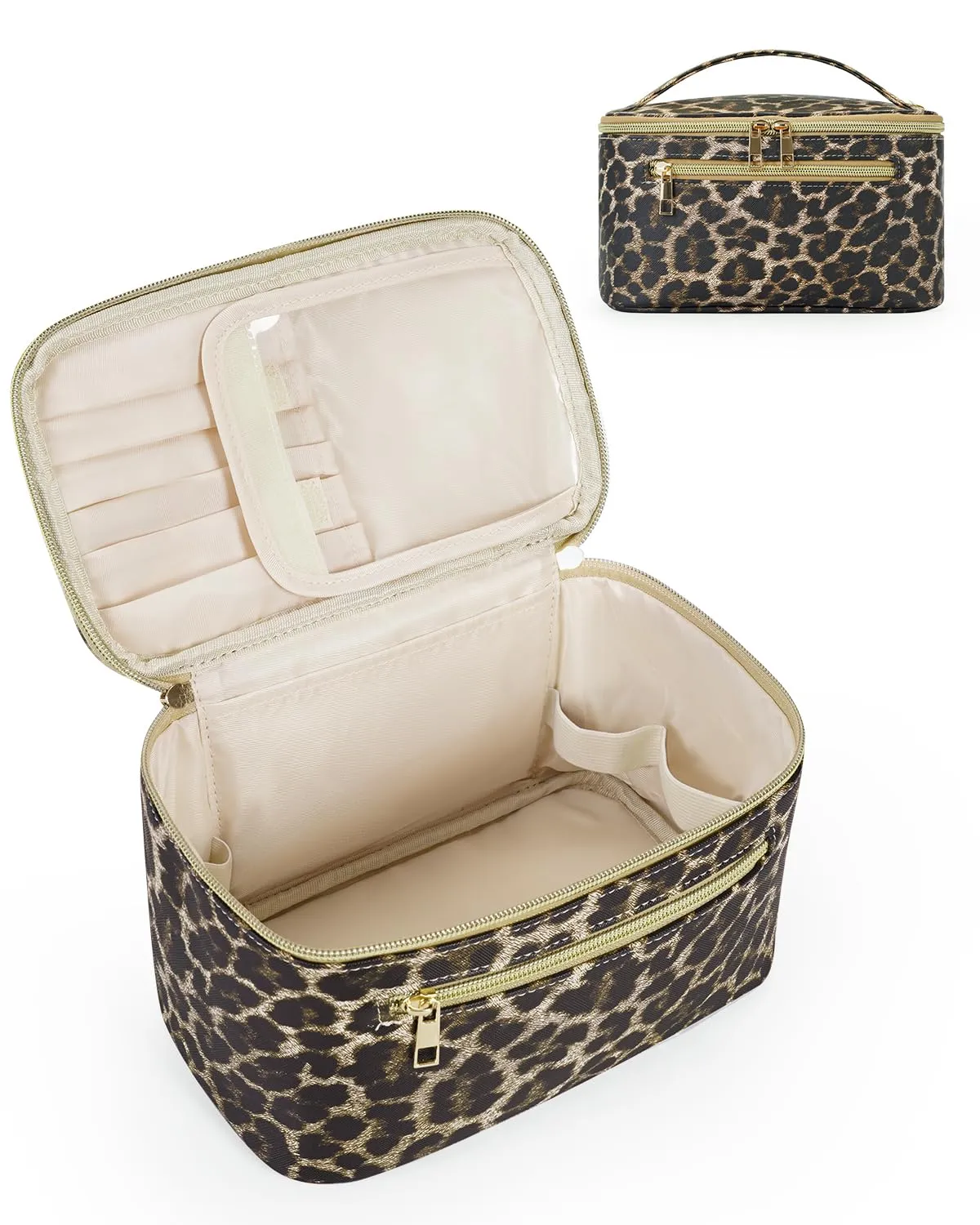 Wandering Nature Makeup Bag, Travel Make Up Organizer Cosmetic Brush Bags Case for Women in Vegan Leather, Leopard Print, Patent Pending