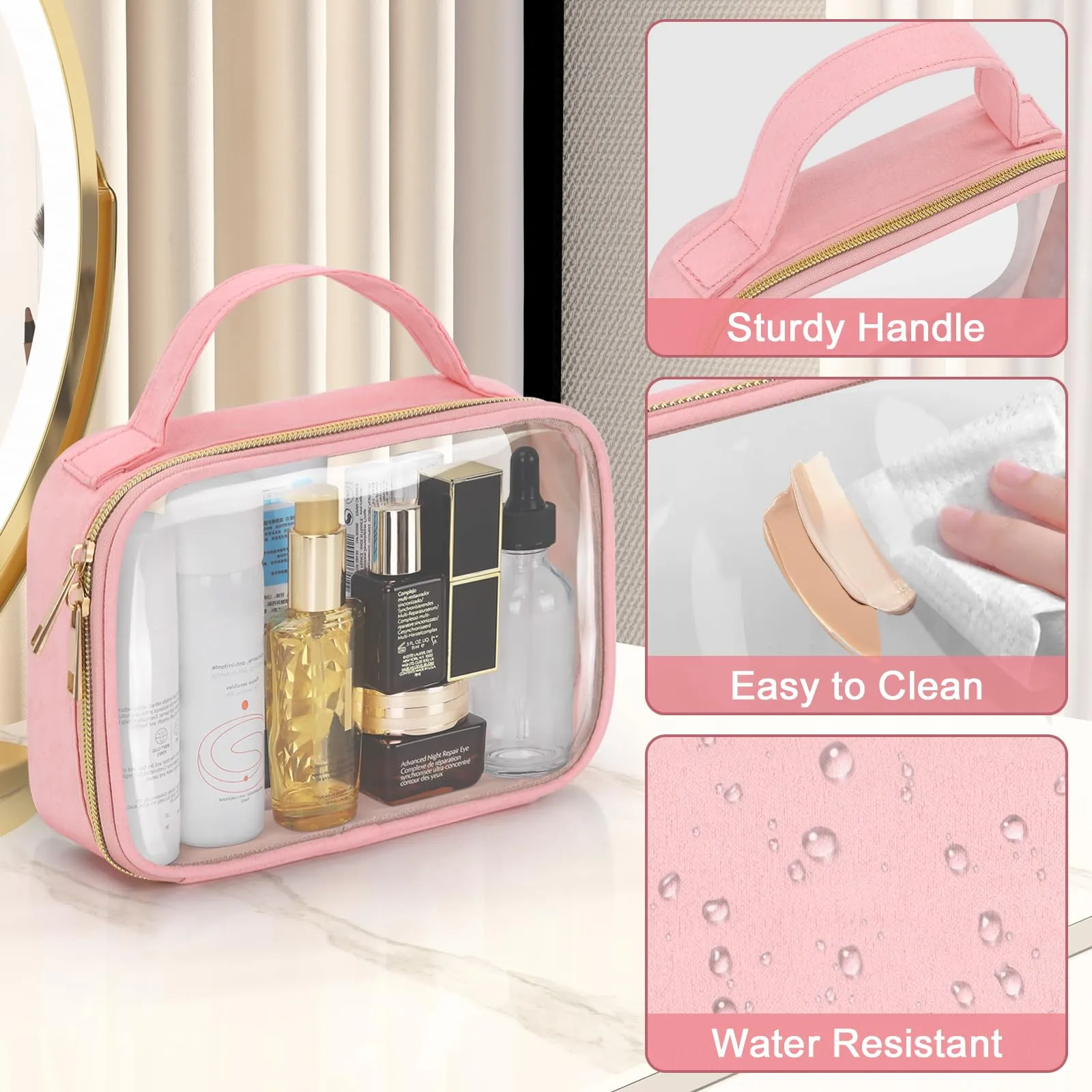 Wedama TSA Approved Toiletry Bag, 2 Pack Clear Makeup Bags with Handles, Quart Size Clear Toiletry Bags, PVC Clear Cosmetic Bags for Women and Men, Carry on Airport Airline Compliant Bag, Pink