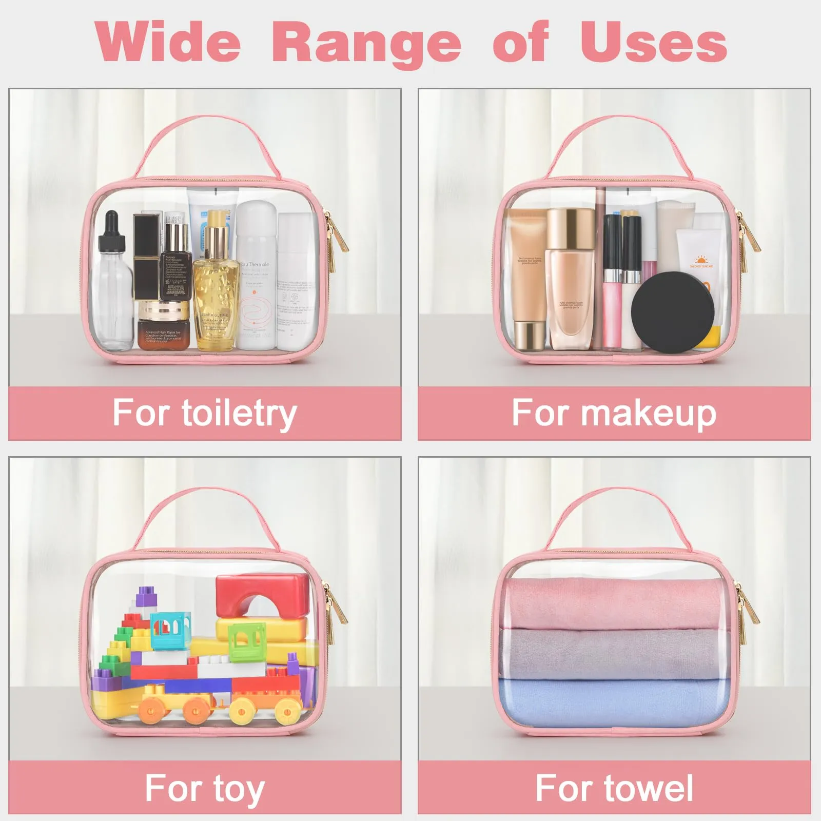 Wedama TSA Approved Toiletry Bag, 2 Pack Clear Makeup Bags with Handles, Quart Size Clear Toiletry Bags, PVC Clear Cosmetic Bags for Women and Men, Carry on Airport Airline Compliant Bag, Pink