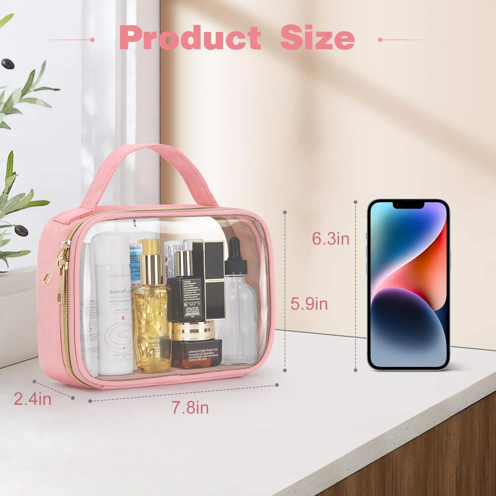 Wedama TSA Approved Toiletry Bag, 2 Pack Clear Makeup Bags with Handles, Quart Size Clear Toiletry Bags, PVC Clear Cosmetic Bags for Women and Men, Carry on Airport Airline Compliant Bag, Pink
