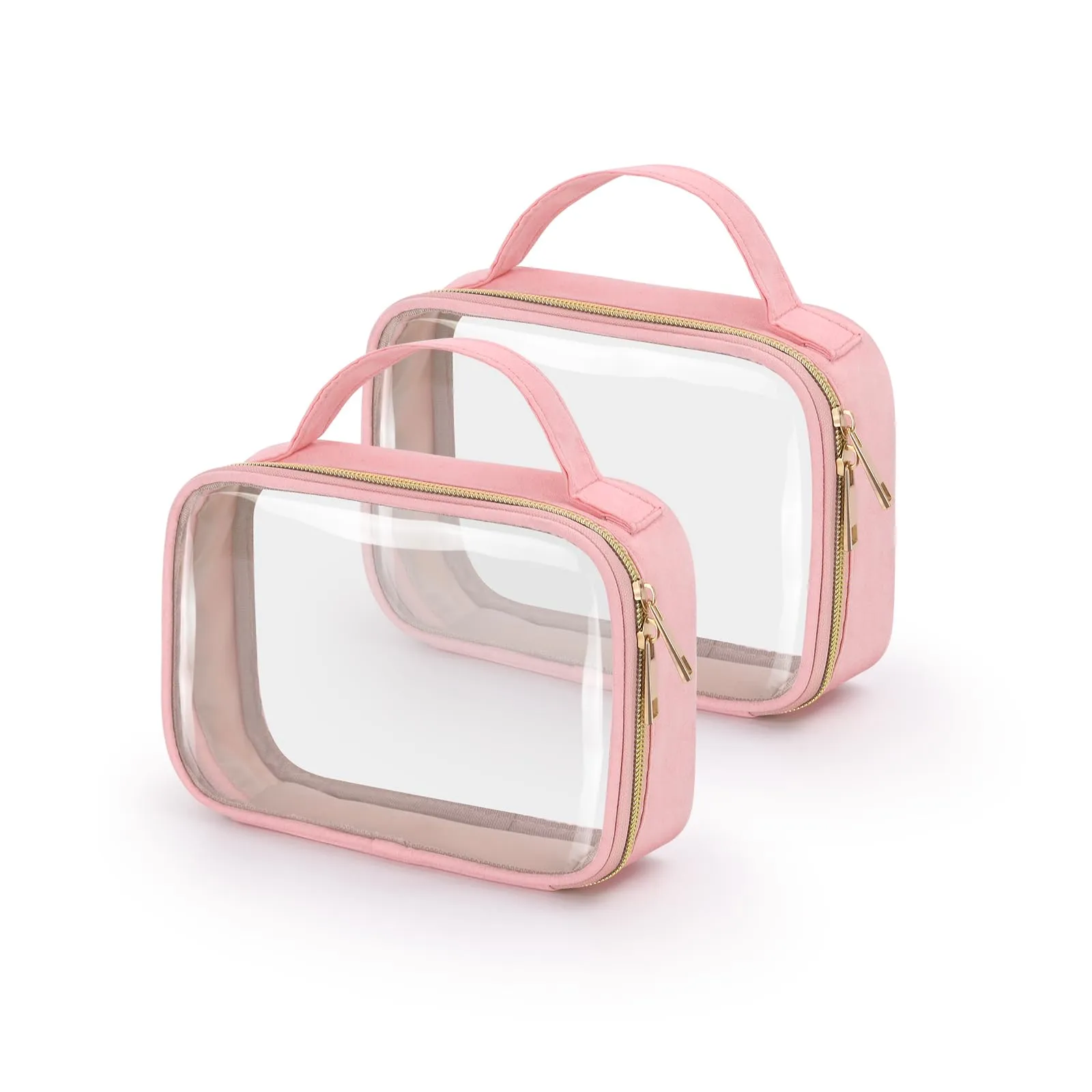 Wedama TSA Approved Toiletry Bag, 2 Pack Clear Makeup Bags with Handles, Quart Size Clear Toiletry Bags, PVC Clear Cosmetic Bags for Women and Men, Carry on Airport Airline Compliant Bag, Pink