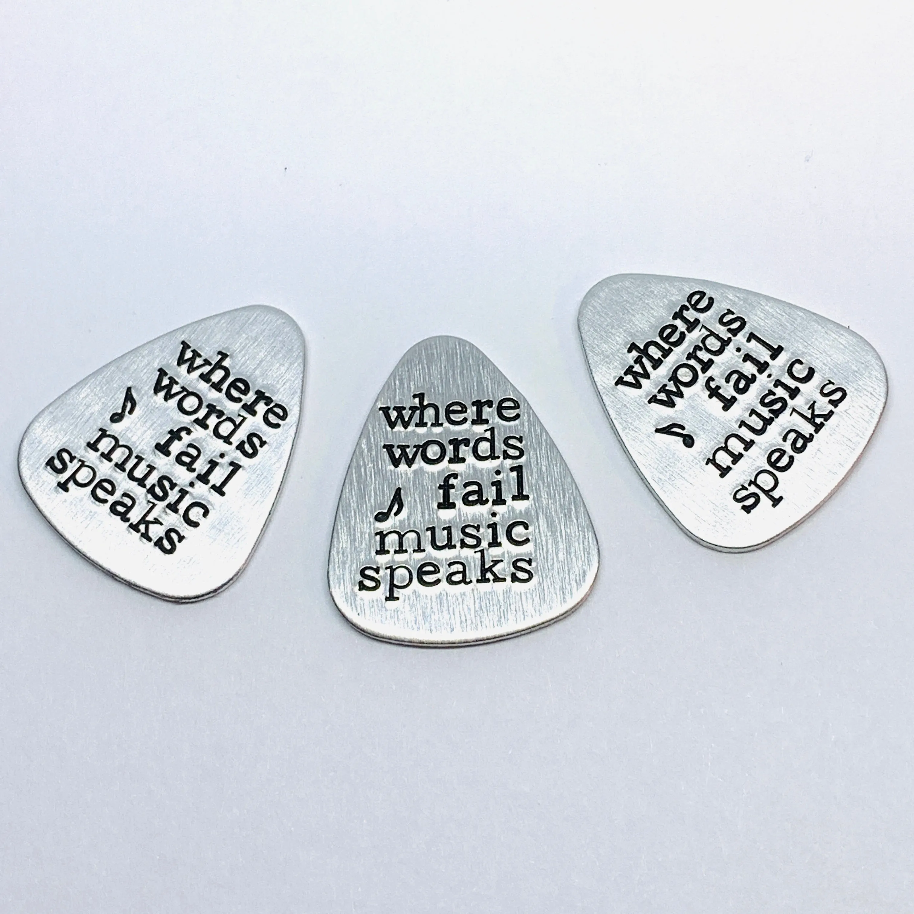 Where words fail music speaks - Hand Stamped Metal Guitar Pick | Guitar Pick Quote | Hans Christian Anderson Active