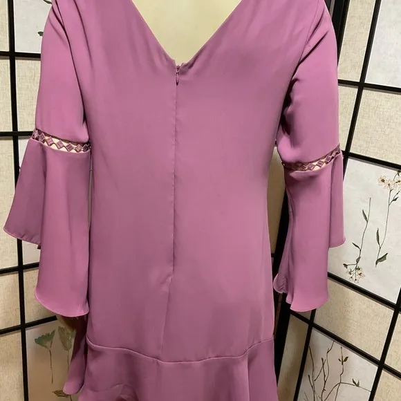 WHITE House Black Market Mauve Dress with Bell Sleeves and Lace Inserts