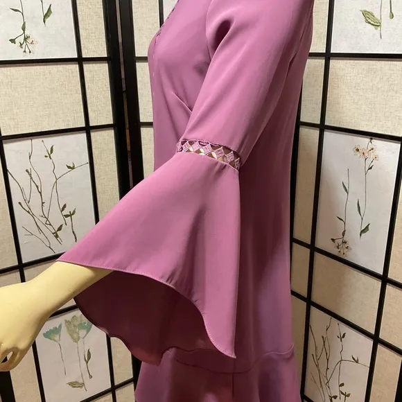 WHITE House Black Market Mauve Dress with Bell Sleeves and Lace Inserts