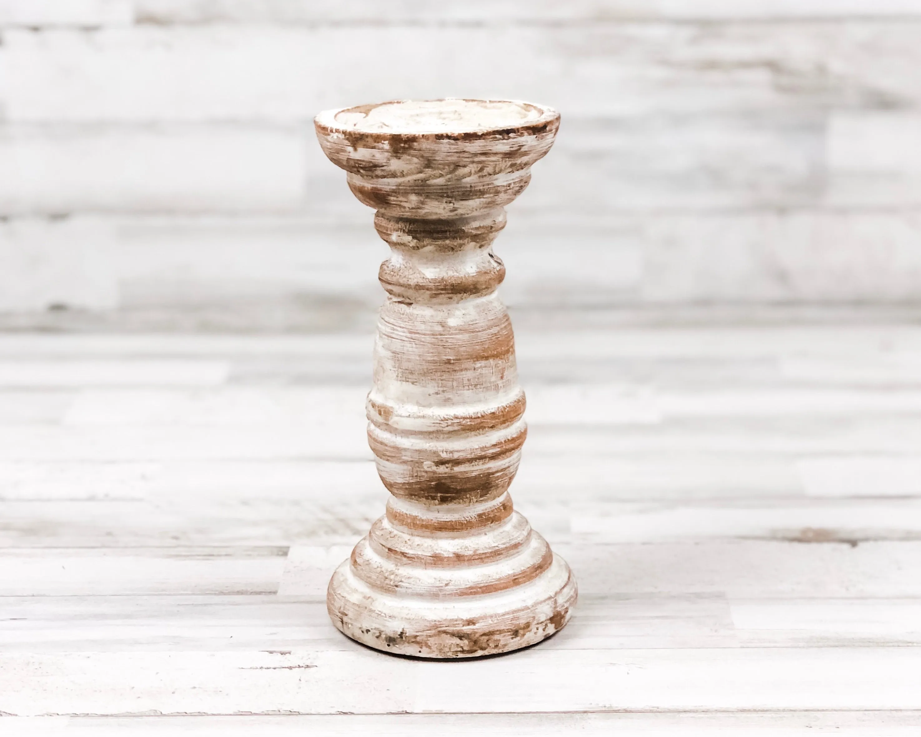 Whitewashed wooden pillar candle holder