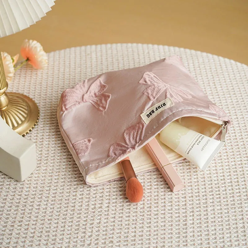 Women's Makeup Bag Pink Bow Large Capacity Makeup Bag Portable Canvas Cosmetic Bag