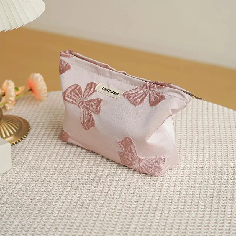 Women's Makeup Bag Pink Bow Large Capacity Makeup Bag Portable Canvas Cosmetic Bag