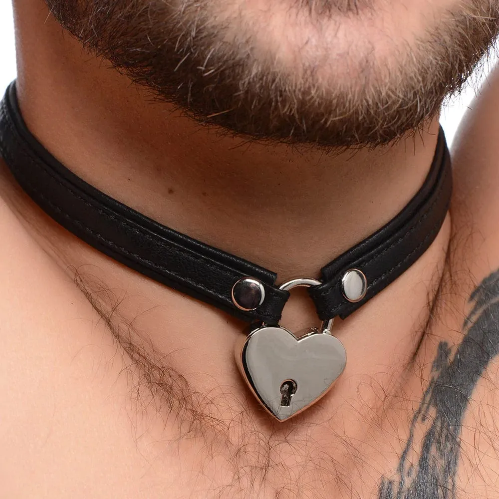 XR Brands Master Series Heart Lock and Key Leather Choker in Black