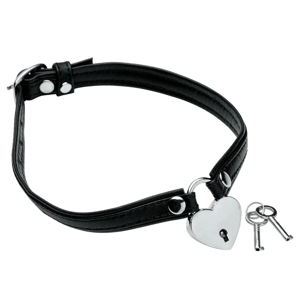 XR Brands Master Series Heart Lock and Key Leather Choker in Black