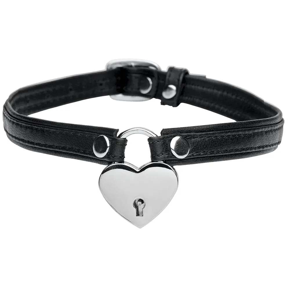 XR Brands Master Series Heart Lock and Key Leather Choker in Black