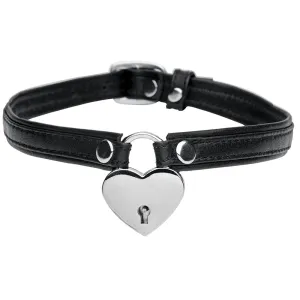 XR Brands Master Series Heart Lock and Key Leather Choker in Black