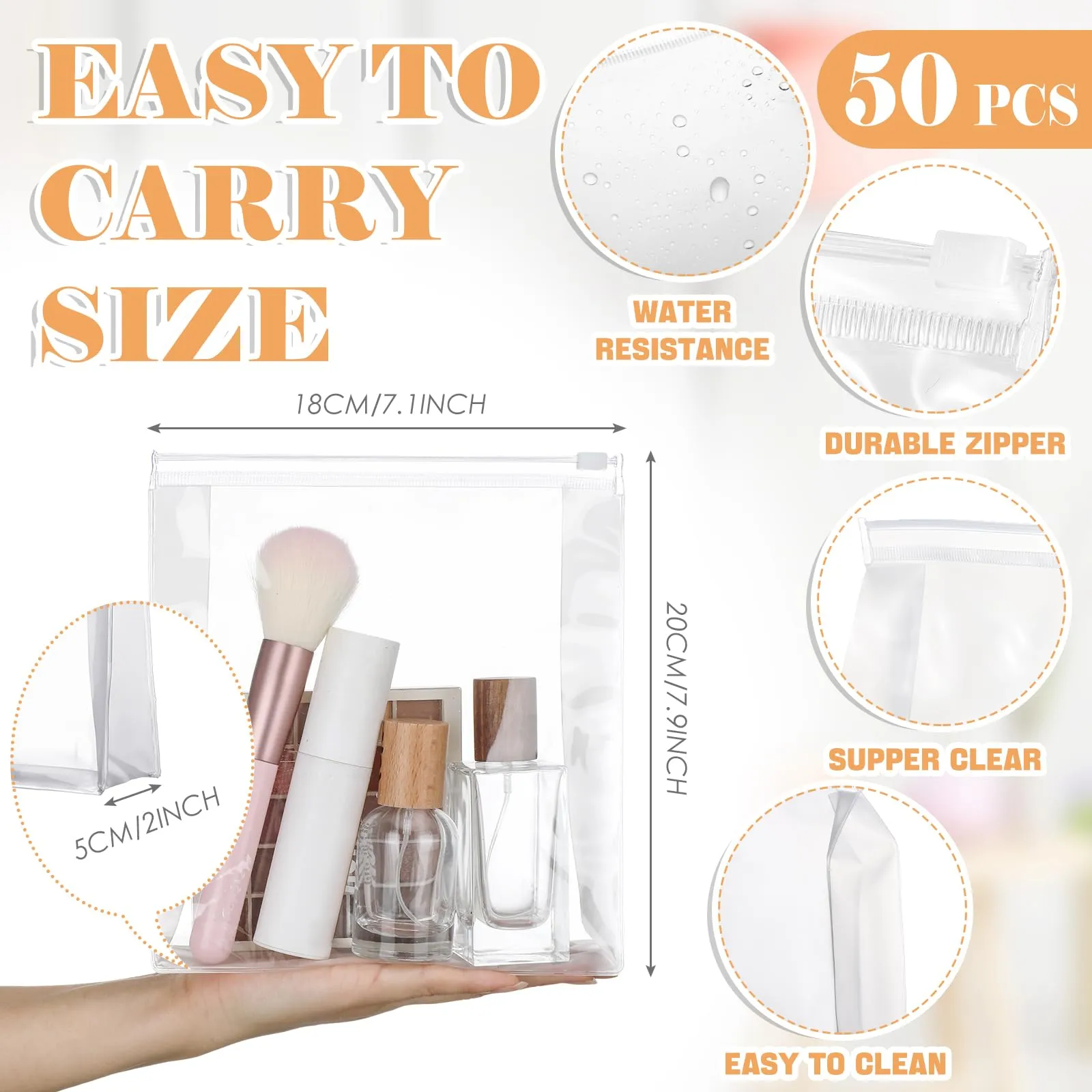 Xuniea 50 Pieces Mini Clear Makeup Bag Small Clear Zipper Pouch Travel Bag for Toiletries Plastic Cosmetic Organizer Waterproof for Women Men Vacation(7.1 x 7.9 x 2 in,Transparent)