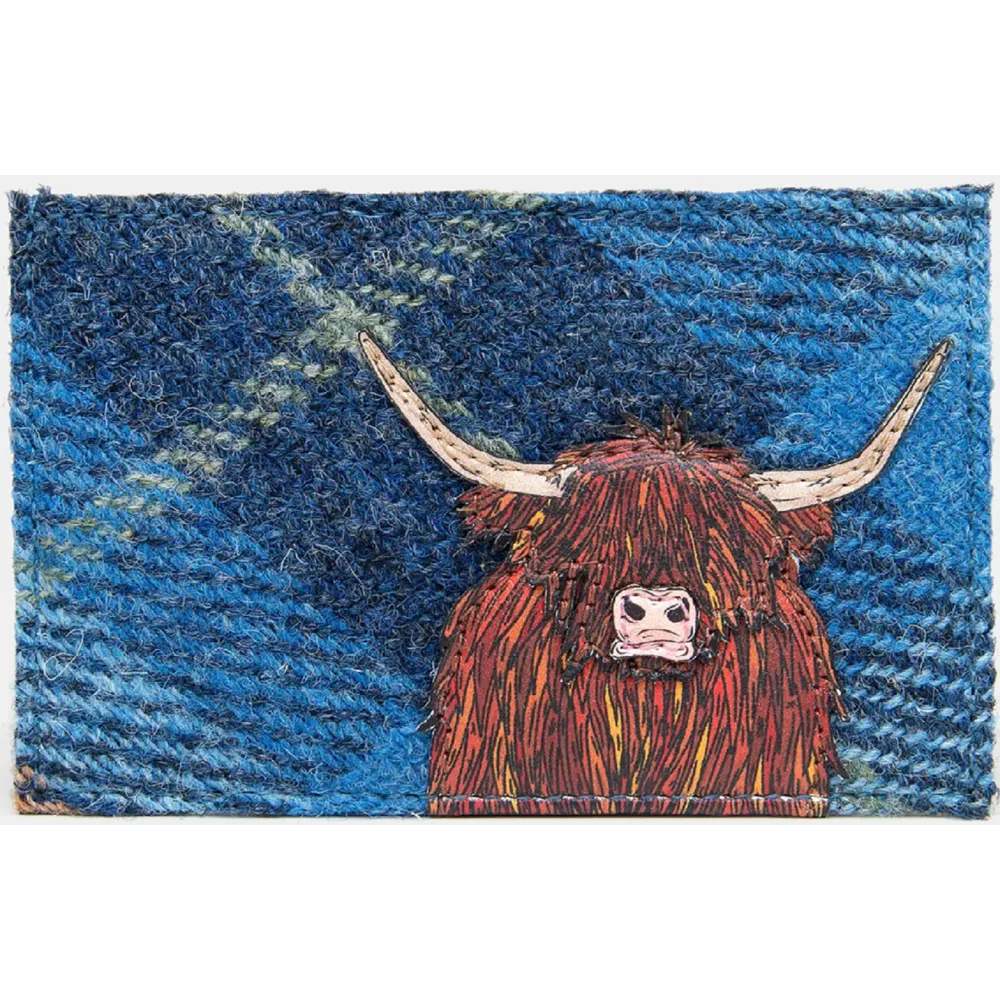 Yoshi Highland Cow Blue Harris Tweed Leather Card Holder