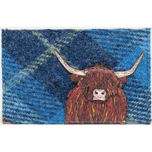 Yoshi Highland Cow Blue Harris Tweed Leather Card Holder