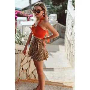 Zara high waist polka dot skort khaki tonal tie